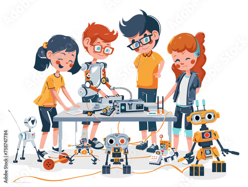  A group of students build and program miniature robots during a robotics workshop learning the fundamentals of robot design and control systems. 