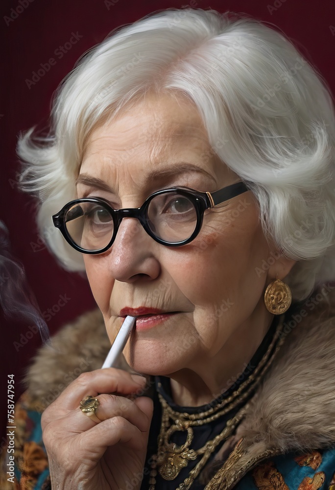 Old wrinkled fashionable woman in glasses with a cigarette in hand. Women's health, bad habits, addiction Old wrinkled fashionable woman in glasses with a cigarette in hand. Women's health, bad habits, addiction