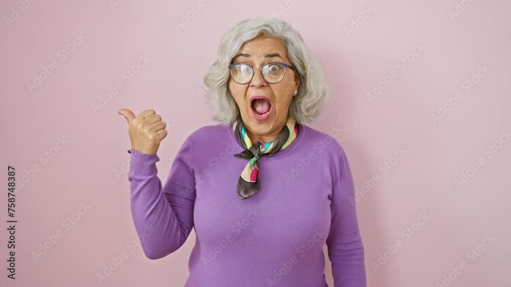 Looky-loos! grey-haired middle-aged woman, glasses and all, surprisedly points to the side. amazed, mouth agape over pink isolated background. there's something big over there! Looky-loos! grey-haired middle-aged woman, glasses and all, surprisedly points to the side. amazed, mouth agape over pink isolated background. there's something big over there!