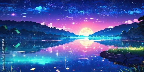 illustration of a lake at night with beautiful stars © franxxlin_studio