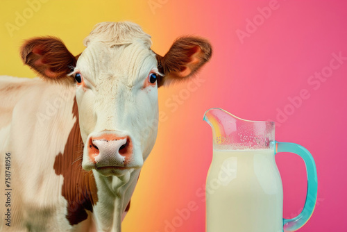 A cheerful and friendly cow next to a glass pitcher of milk against a solid colorful background