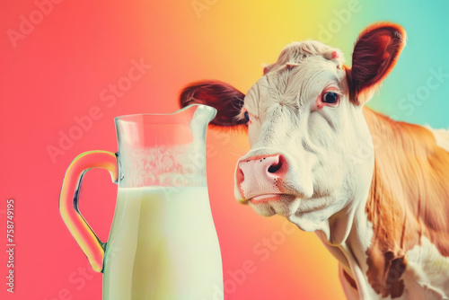 A cheerful and friendly cow next to a glass pitcher of milk against a solid colorful background