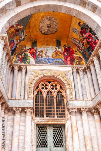 Detail of St. Mark's Cathedral, St. Mark's Square, Venice in Veneto, Italy