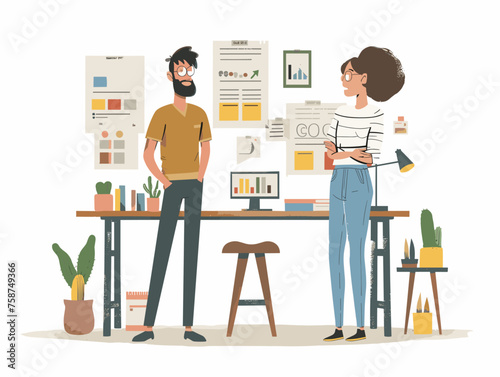  A photographer collaborates with a graphic designer brainstorming creative concepts for a marketing campaign. 