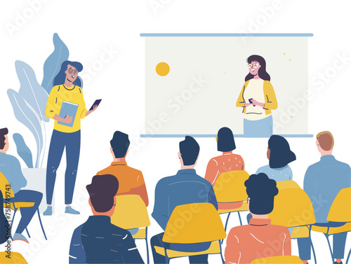  A presenter stands confidently in front of a room filled with attendees delivering a captivating speech about the latest cybersecurity trends. 
