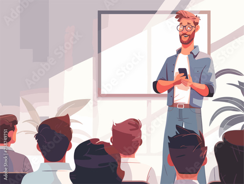  A presenter stands confidently in front of a room filled with attendees delivering a captivating speech about the latest cybersecurity trends. 