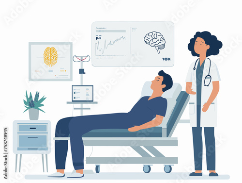  A sleep researcher observes the brain activity of a volunteer during a sleep study aiming to understand sleep patterns and disorders. 