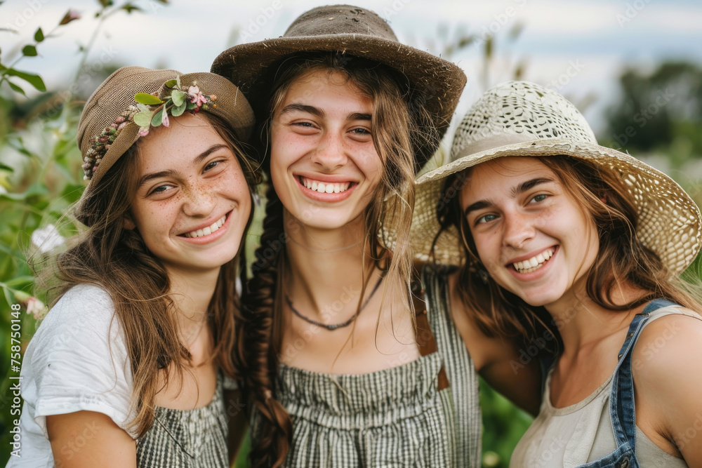 Three joyful faces of young European female farmers