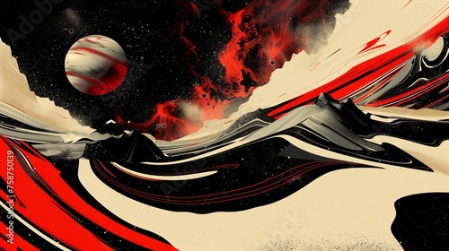 trendy modern futuristic space callage poster in black, red and beige shades photo