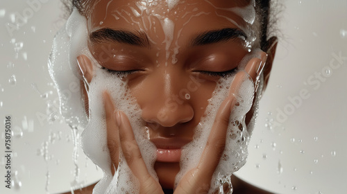Black African model with soap form on her face, skin care background 