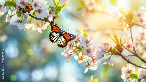 Beautiful Spring Nature Background with Butterflies