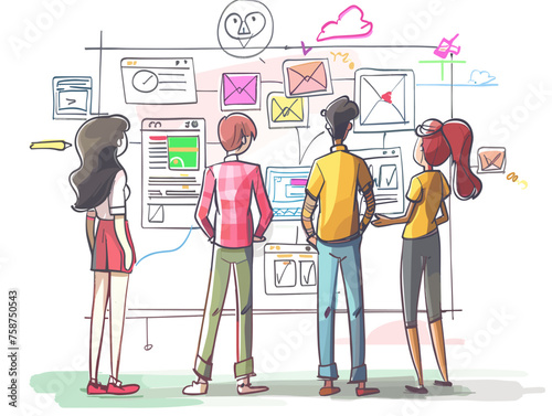 A team of designers brainstorm user interface concepts on a digital whiteboard iterating on layouts and functionalities. 