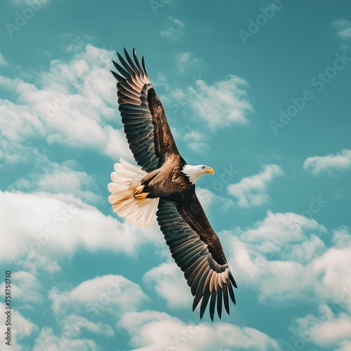 Photo of an eagle flying across the daytime sky against the background of clouds