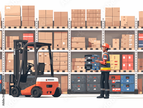  A warehouse worker uses a voice-controlled robotic forklift to efficiently organize and transport goods streamlining inventory management. 