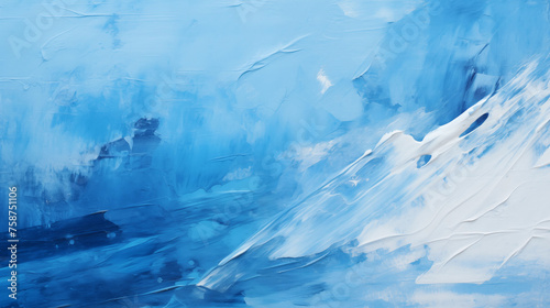 Mur peint et abimé, dans les tons de couleurs bleu et blanc. Traces de pinceaux. Fond et arrière-plan pour conception et création graphique. © FlyStun