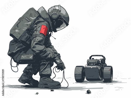  A bomb disposal expert remotely operates a bomb disposal robot to safely defuse a dangerous explosive device. 