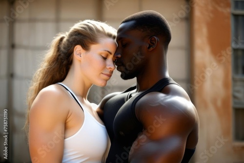 muscular african man hugging beautiful white woman  romance of sexy lovers  interracial couple