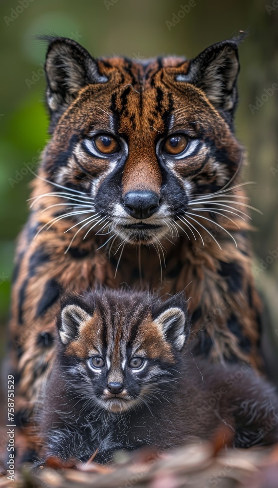 Obraz premium Male oncilla and kitten portrait, ample space on left for text, object on right side