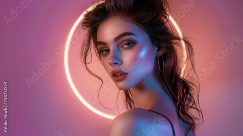 Beautiful Woman in the Futuristic Summer Neon Witch Ring Style - Summer Neon Girl Wallpaper created with Generative AI Technology