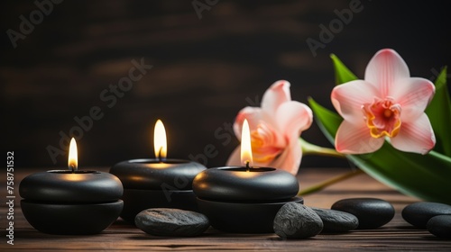 Zen harmony and meditation concept with candles and black stones on wooden background photo