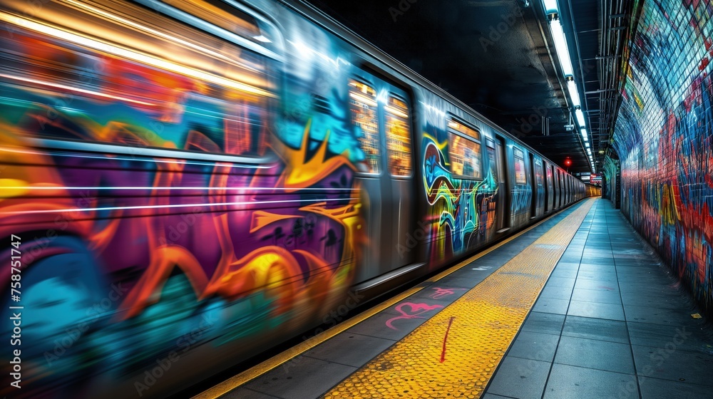 Wizerunek metra poruszającego się szybko przez miejskie tory, pokryte graffiti, symbolizujące zaniedbanie i nielegalne malowanie na ścianach. - obrazy, fototapety, plakaty 