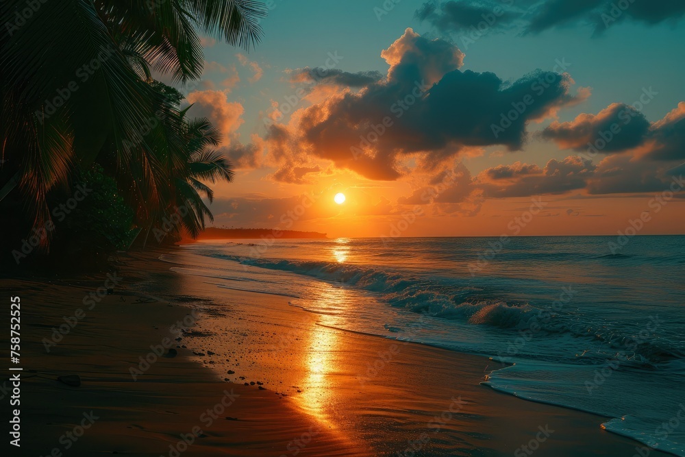 Tropical evening landscape. Beautiful sunset over the ocean. The orange disk of the sun hides behind the horizon