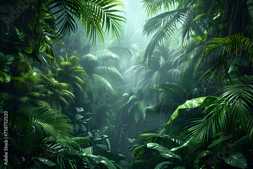 Dark tropical forest with large exotic plants in the rain, creating a lush and mysterious atmosphere