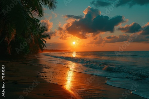 Tropical evening landscape. Beautiful sunset over the ocean. The orange disk of the sun hides behind the horizon