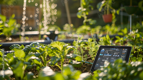 A smart irrigation system in a community garden, with a tablet showing real - time water usage data.