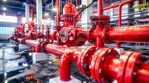 Emergency Industrial Pipe System, Red Valves and Pressure Control Equipment, Fire Safety and Water Supply Technology