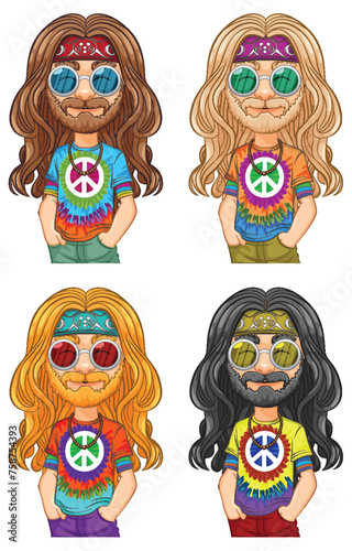Four hippie characters with vibrant tie-dye shirts and sunglasses.