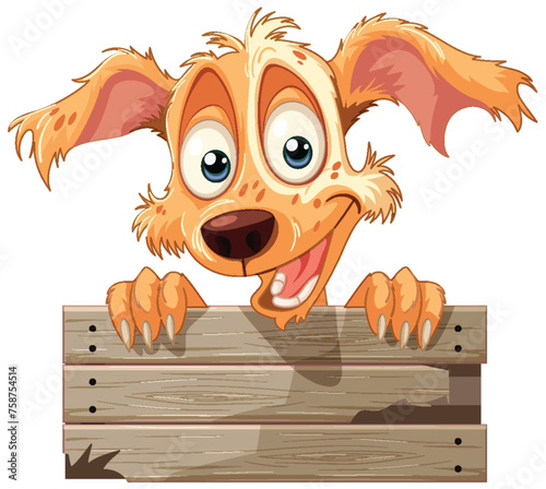 Cartoon dog with big eyes over a fence.