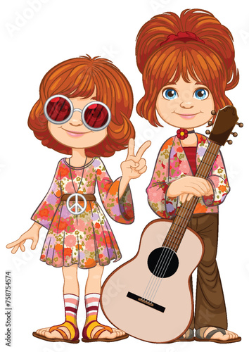 Cartoon children in retro outfits with musical theme.