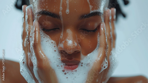 African American woman model with foam of soap in her face, for soap promotion 