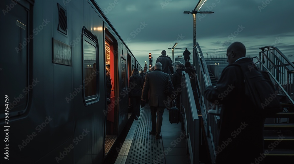 Grupa ludzi wsiada do pociągu w nocy - obrazy, fototapety, plakaty 