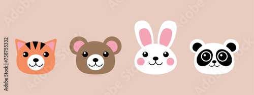Fototapeta Naklejka Na Ścianę i Meble -  Set of cute kawaii animals avatars for icon, stickers. Cat, bear, bunny, panda character in flat style. Vector illustration