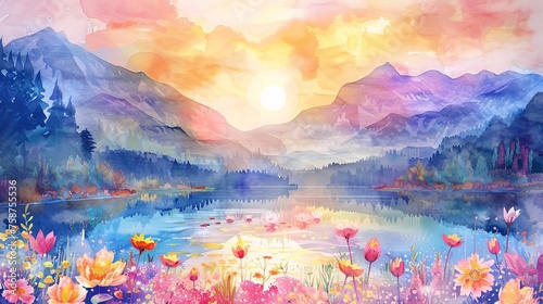 Sunrise Serenity A Painted Pond with Wildflowers and a Sunset Sky Generative AI