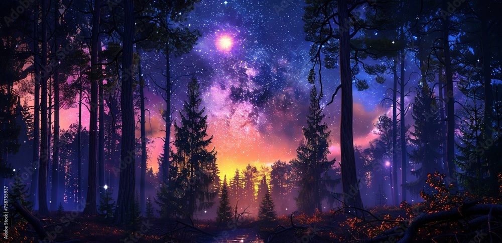 Glowing Night Sky Over a Forest A Celestial Experience in August Generative AI