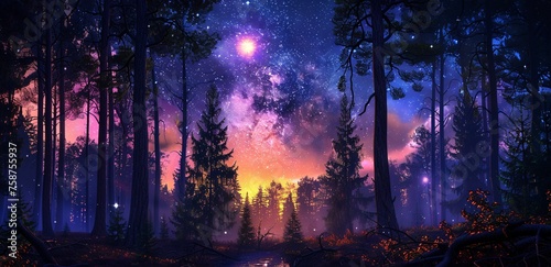 Glowing Night Sky Over a Forest A Celestial Experience in August Generative AI