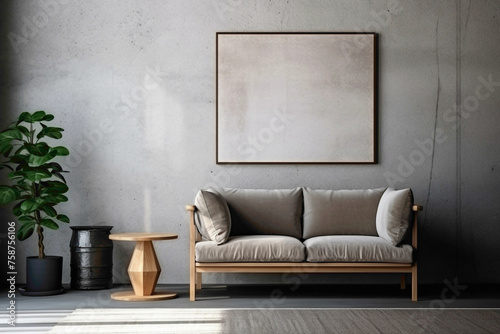Contemporary living room ambiance with wooden furniture and mock-up poster frame on textured concrete wall. © Shanii