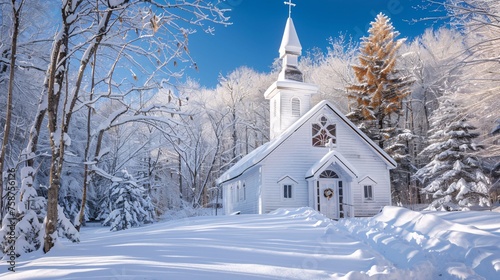 Snowy Church with Cross on Roof Generative AI