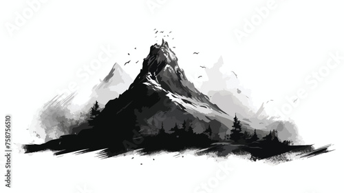 Traced sketch in black ink of a lonely mountain 