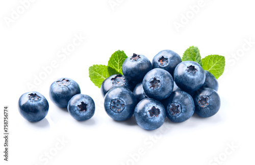 Blueberries with mint on white background