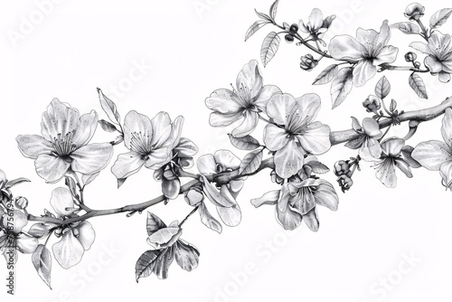 Blooming Branches - A beautifully drawn branch with white flowers, perfect for a spring-themed design. Generative AI