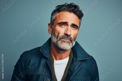 Portrait of a serious mature man in a denim jacket. Men's beauty, fashion.