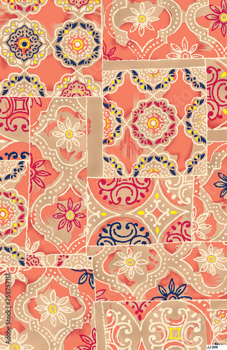 Fototapeta Naklejka Na Ścianę i Meble -  Antique surface floral seamless allover Pattern design, multicolor flowers with multicolor watercolor background texture.