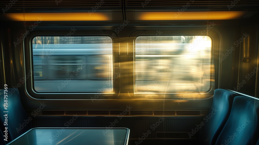 Na obrazie przedstawiono wagon kolejowy z białym stołem oraz kilkoma krzesłami na swojej stronie. Słońce wpada przez okna, tworząc interesujące światło i cień. - obrazy, fototapety, plakaty 
