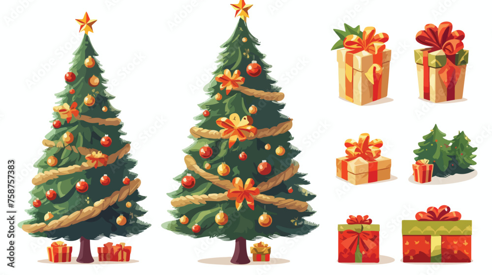 vector christmas tree and gifts isolated on white background