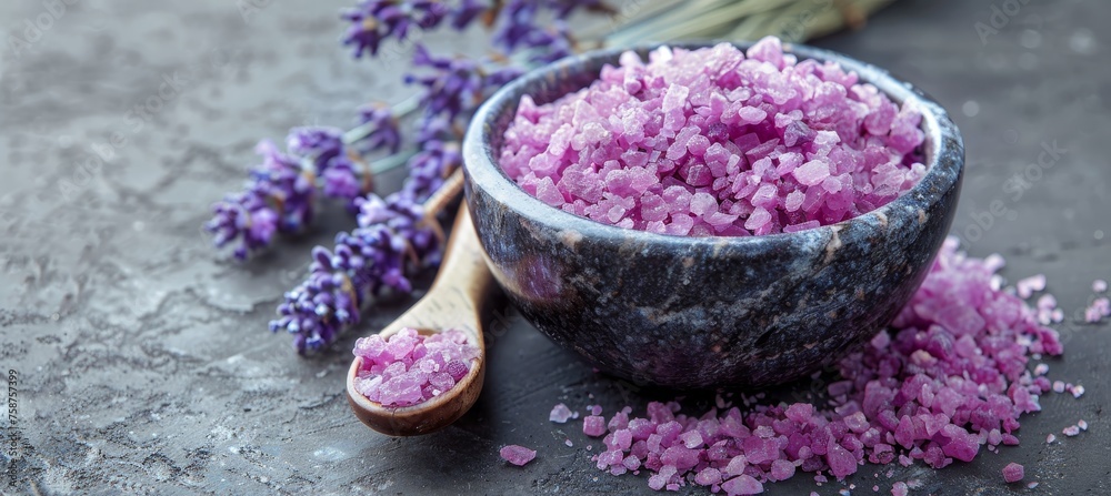 Lavender flowers in mortar on table natural cosmetic ingredient with copy space Lavender flowers in mortar on table natural cosmetic ingredient with copy space