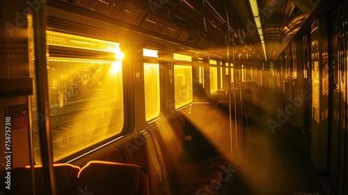 Słońce oświetla wnętrze pociągu przez okna, tworząc efektowny widok. Światło jest jaskrawe i stwarza ciekawe odbicia na powierzchniach wnętrza.
